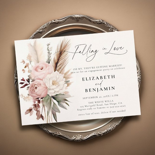 Convite Festa de noivado Romântica Boho Peony Pampas (fall engagement party invitation falling in love peony pampas boho chic rust burnt orange watercolor)