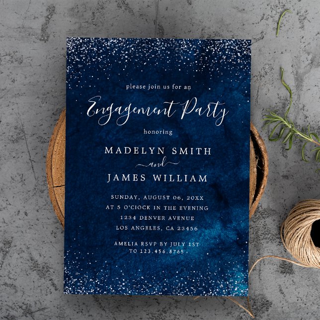 Convite Festa de noivado Romântica Prata Azul (Romantic Engagement Party Navy Blue Silver Invitation
)