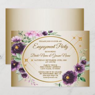 Convite Festa de Noivado Roxo Rosa Floral Verde Dourado