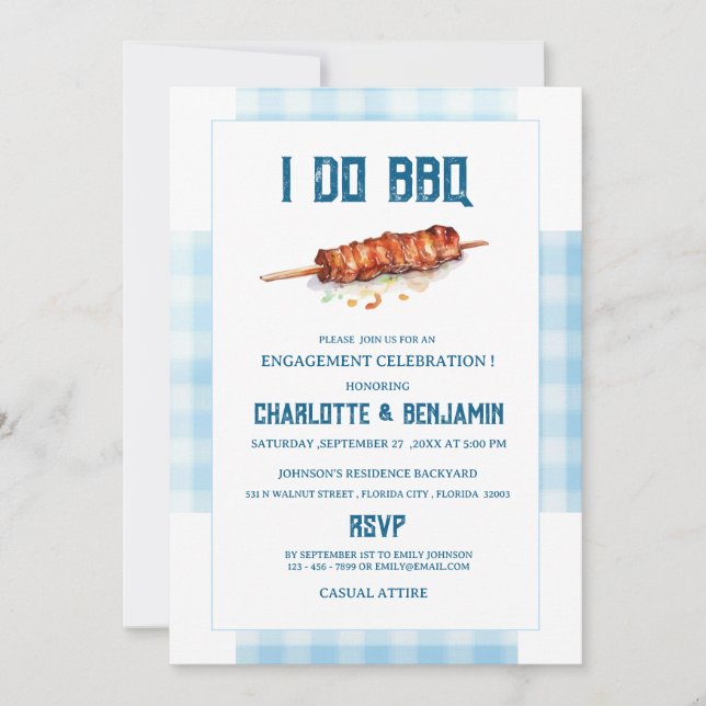 Convite Festa de Noivado Rustic Blue Gingham I Do BBQ  (Frente)