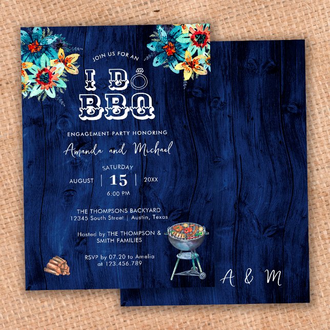Convite Festa de Noivado Rustic Blue Wood I Do BBQ (Criador carregado)