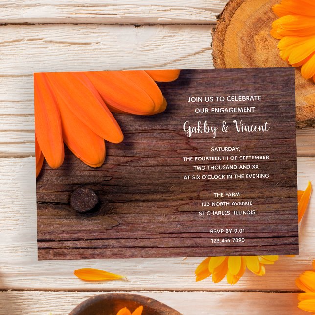 Convite Festa de noivado Rustic Orange Daisy Country Barn (Criador carregado)