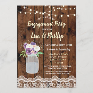 Convite Festa de noivado Rustic Wood Floral Jar Invite