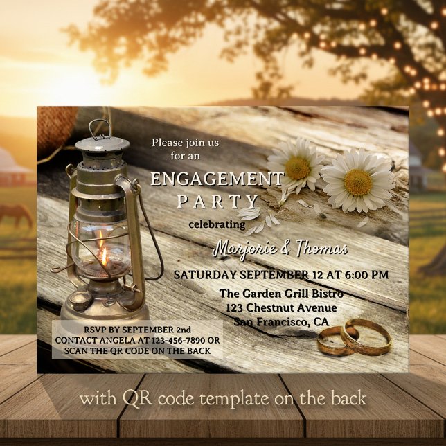 Convite Festa de Noivado Rústico no Campo (Engagement invitation in a country style with a rustic wood table with lantern, rings and daisies)
