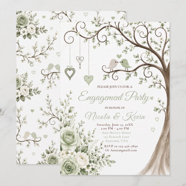 Convite Festa de Noivado Sage Green Blossom (Frente/Verso)