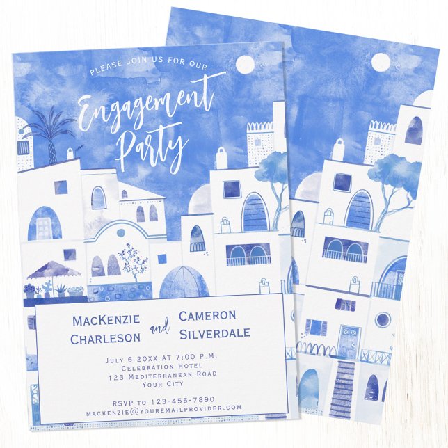 Convite Festa de noivado Santorini (Santorini Mediterranean themed blue and white Engagement party invitations with custom text)