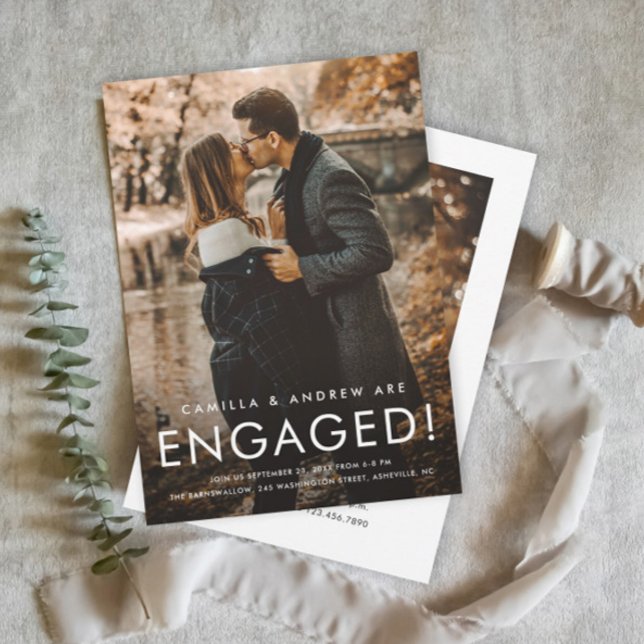 Convite Festa de noivado Simples de Casamento Fotográfico  (Simple Photo Wedding Engagement Party Invitation with Modern Typography Overlay.)