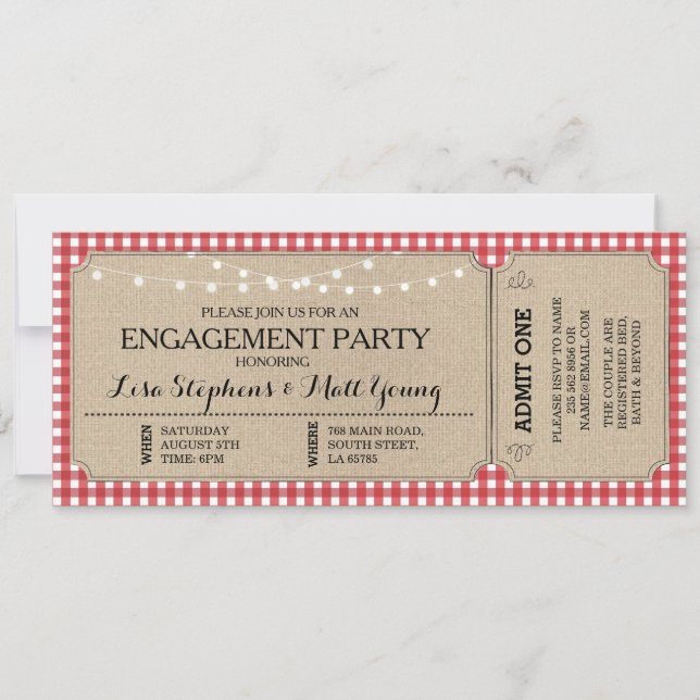 Convite Festa de noivado Ticket Red Check Rustic Invite (Frente)