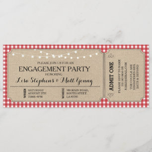 Convite Festa de noivado Ticket Red Check Rustic Invite