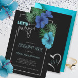 Convite Festa de noivado tropical azul-preto<br><div class="desc">Celebre seu noivado de estilo com este convite ousado,  neon,  tropical com sotaques de relva prateada,  hibisco azul e lacrimogêneo,  e verde tropical sobre fundo preto. Vamos,  vamos!</div>