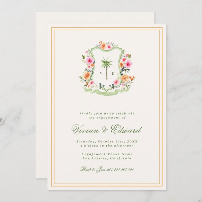 Convite Festa de noivado Tropical de Praia Monograma da Pa (Frente/Verso)