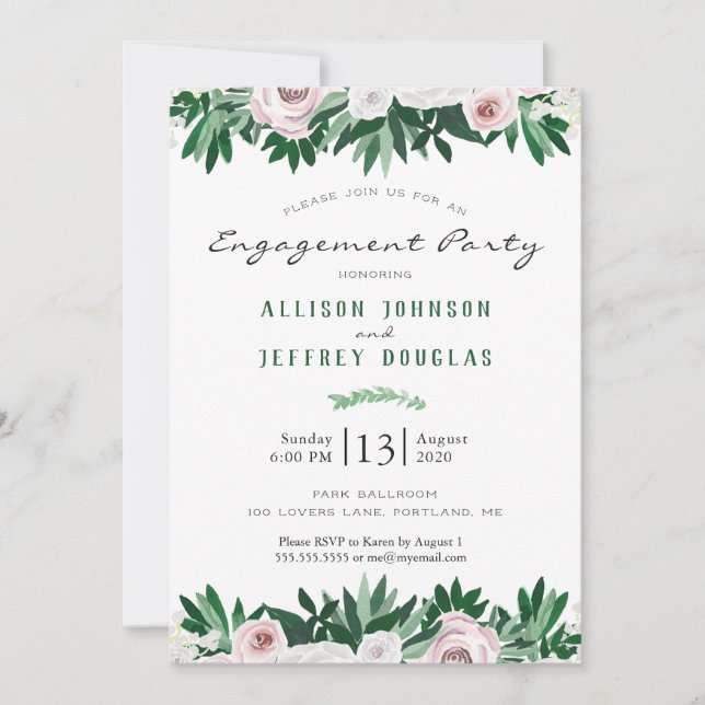 Convite Festa de noivado Verde Branco Floral de Aquarela (Frente)
