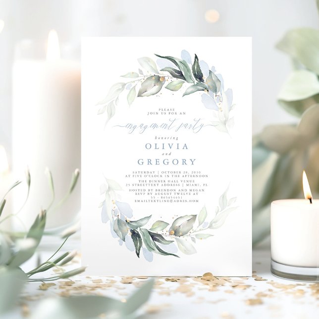 Convite Festa de noivado verde Elegante Azul Dusty (Dusty Blue Greenery Engagement Party Invitations )