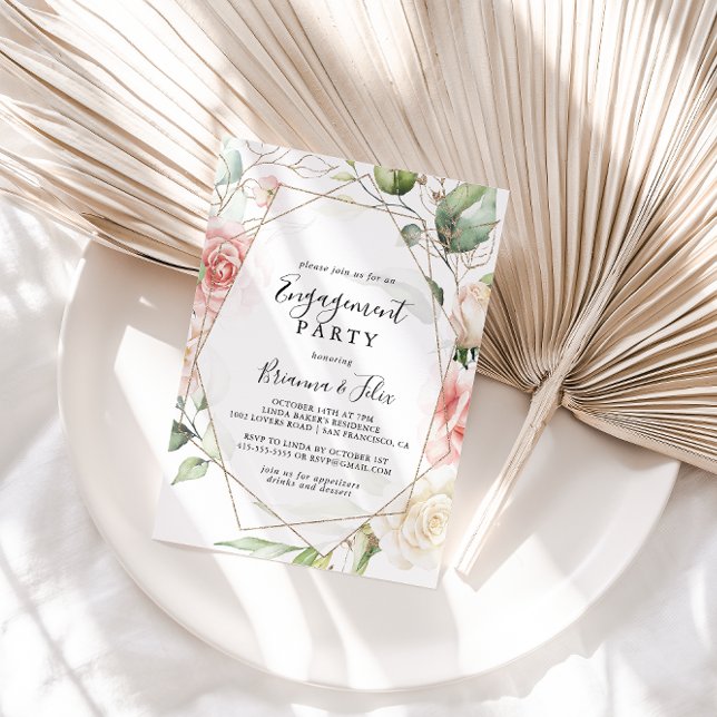 Convite Festa de noivado verde geométrica Dourada (Criador carregado)