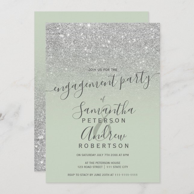 Convite Festa de noivado verde-verde-brilhante para prata  (Frente/Verso)