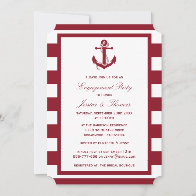 Convite Festa de noivado Vermelha Ancoradora Náutica (Frente)