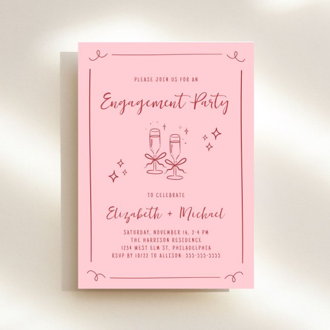 Convite Festa de noivado Vermelha Cor-de-Rosa, Desenhada À (Whimsical pink + red engagement party invitation to set the tone for an unforgettable event)