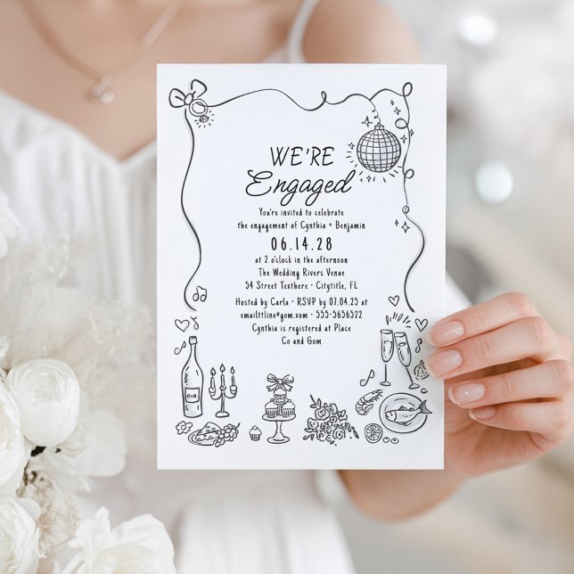 Convite Festa de noivado Whimsical Doodle Desenhada à Mão (Whimsical Hand Drawn Quirky Doodles Cute Engagement Party Invitation)