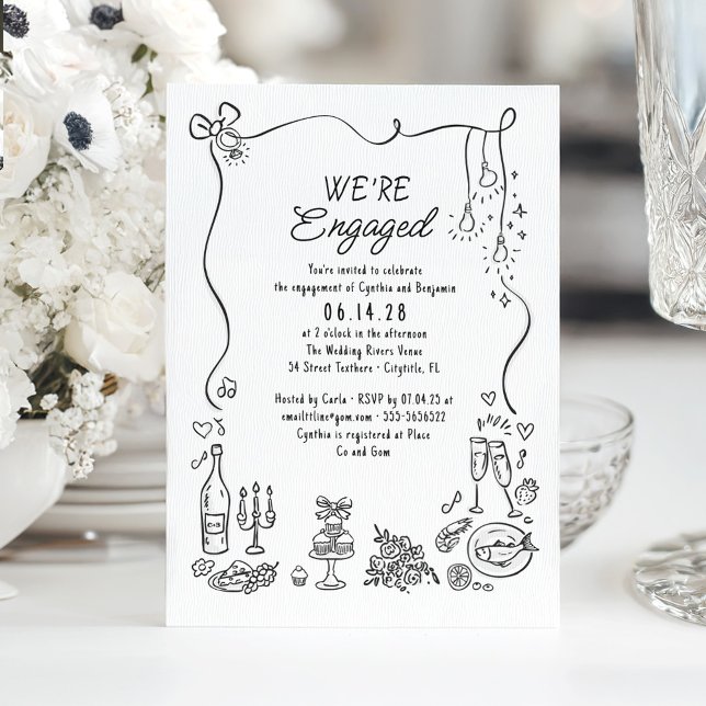 Convite Festa de noivado Whimsical Doodle Desenhada à Mão (Whimsical funky drawings engagement party invitation)