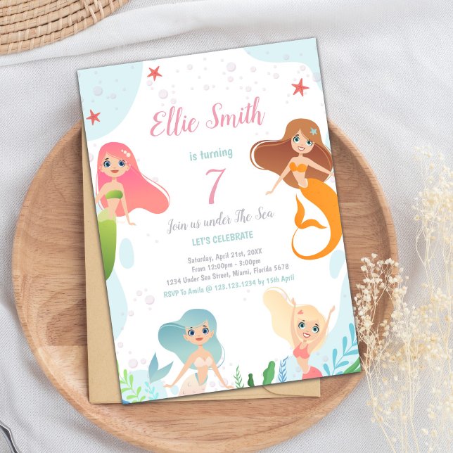 Convite Festa de Oceano Magical para Meninas (Mermaids Birthday Under the sea Invitations)