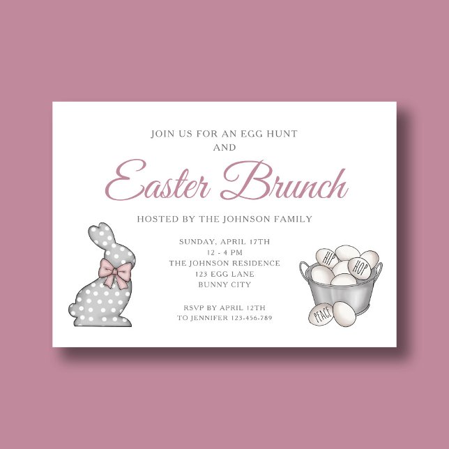 Convite Festa de Páscoa Café da Manhã Caça aos Ovos Bunny  (Cute Bunny Pink Easter Brunch Egg Hunt Invitation)