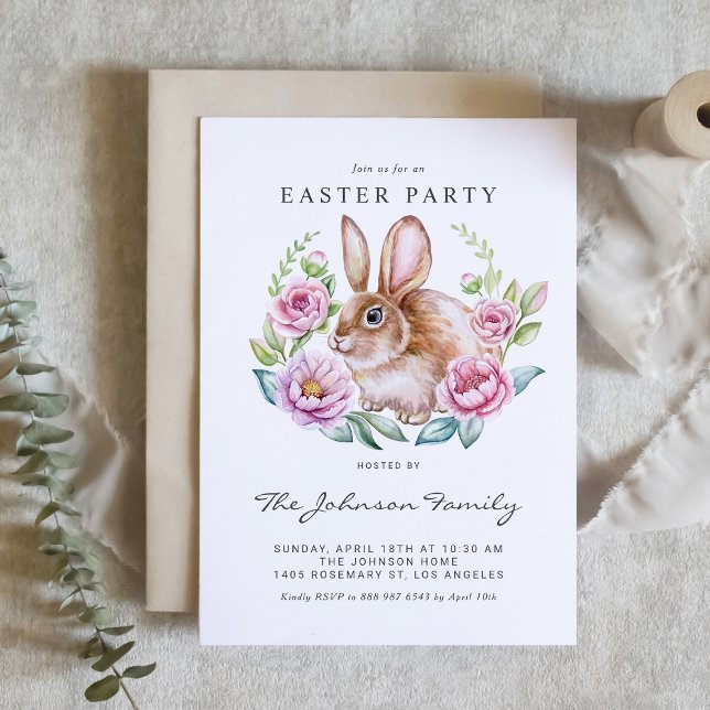 Convite Festa de Páscoa Coelhinho e Flores Rosa (Customizable Easter party invitation featuring a cute watercolor bunny with pink flowers.)