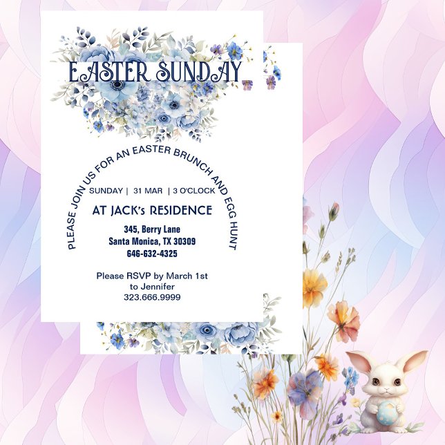 Convite Festa de Páscoa de Blogues Florais de Pastel Azul  (Chic Blue Pastel Floral Blooms Easter Sunday Party Invitation)