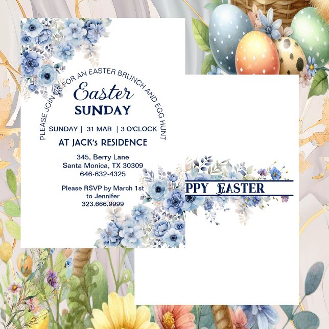 Convite Festa de Páscoa de Flores Selvagens de Pastel Azul (Soft Blue Pastel Wild Flowers Easter Sunday Party Invitation)