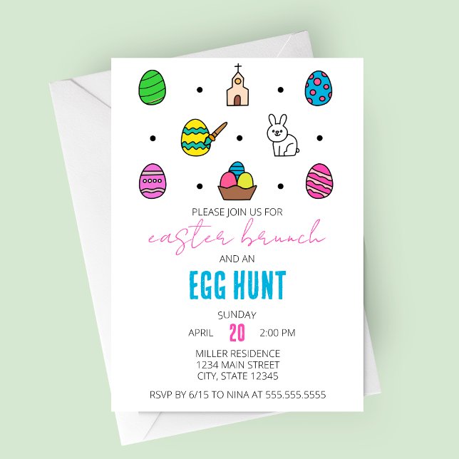 Convite Festa de Páscoa de Ícones de Brunch e de Linha de  (Easter Brunch and Egg Hunt | Modern Easter Icons Party Invitation)