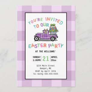 Convite Festa de Páscoa Xadrez Roxo Caminhão Antigo