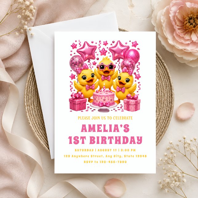 Convite Festa de Patos Amarelos Fofos e Balões Rosa (Criador carregado)