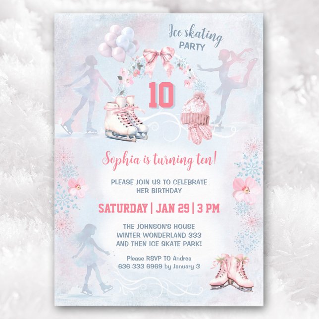 Convite Festa de Pé de Gelo, Rosa, Blue Winter Girl Aniver (Ice Skating Party Pink Blue Winter Girl Birthday Invitation)