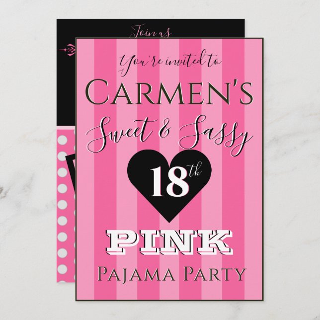 Convite Festa de pijama cor-de-rosa doce e atrevida com fo (Frente/Verso)
