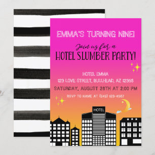Convite Festa de pijama de menina no hotel rosa ombre
