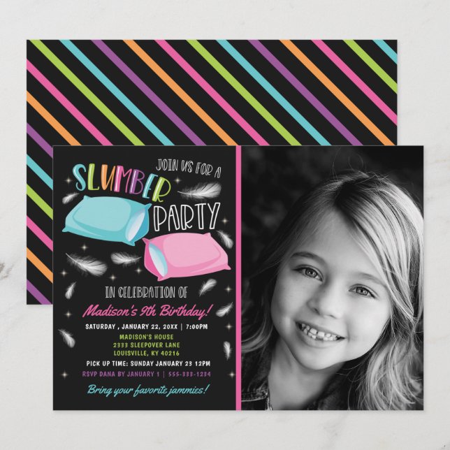 Convite Festa de pijama no aniversário da menina Foto (Frente/Verso)