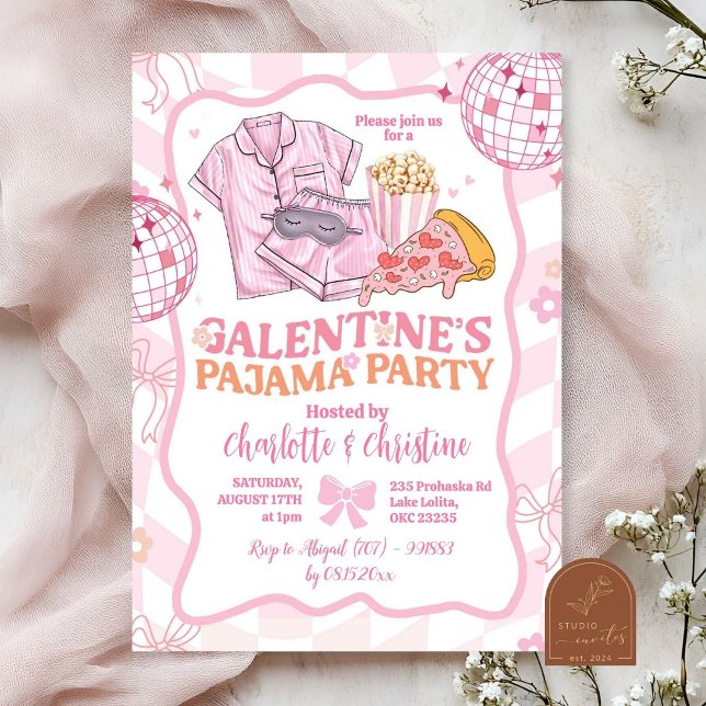 Convite Festa de pijama Soft Pink Retro Galentine's (Criador carregado)