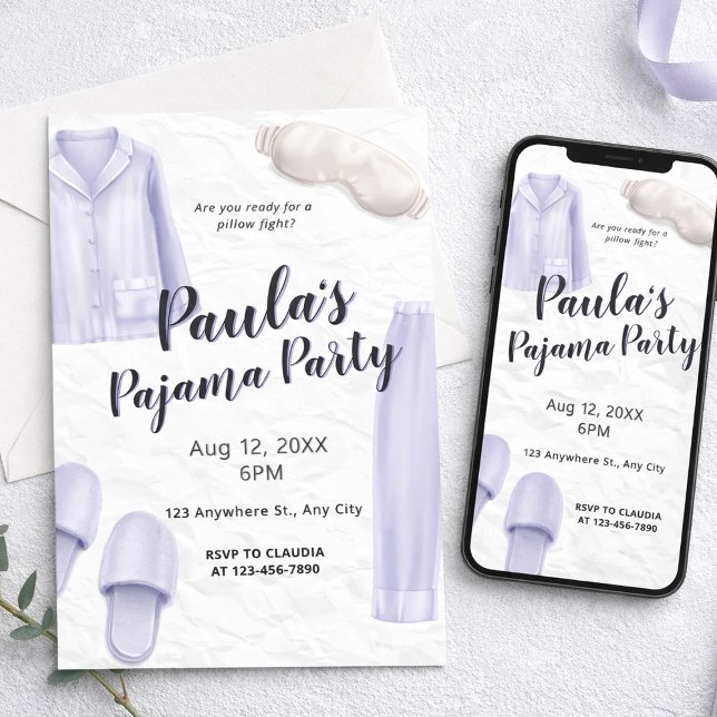 Convite Festa de pijamas de meninas roxo claro para dormir (Light Purple Girls Sleepover Pajama Party Invitation, Girls Birthday Theme)