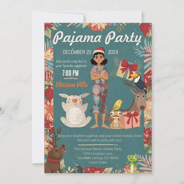 Convite Festa de Pijamas de Natal para Crianças com Animai (Frente)