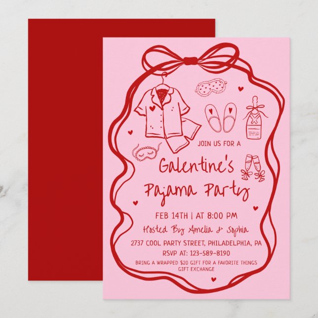 Convite Festa de Pijamas Galentine's Desenhada à Mão Capri (Frente/Verso)