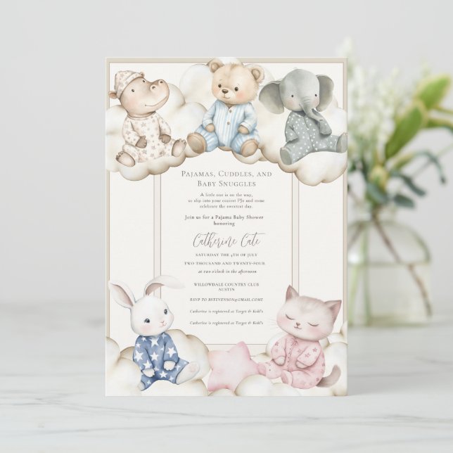 Convite Festa de Pijamas Tema de Animais Chá de Bebê  (Em pé/Frente)