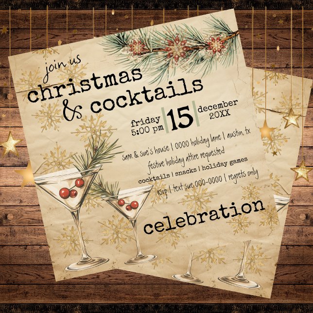 Convite Festa de Pinheiro Russo e Flocos de Neve, Feriado  (Christmas cocktails - rustic customizable party invitation with martinis and berries and pine)