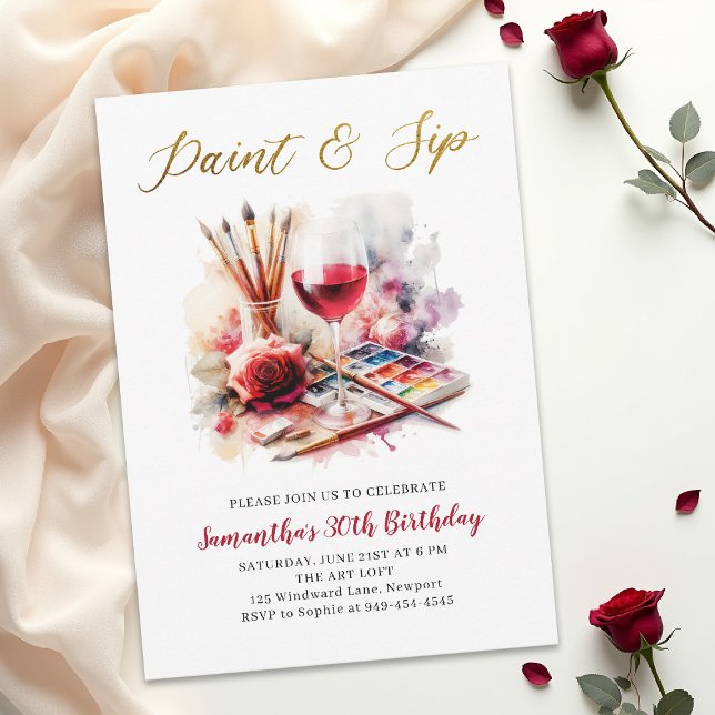 Convite Festa de Pintura de Arte com Vinho 'Pinte e Beba'  (paint and sip birthday party invitation for women watercolor wine glass red rose elegant chic)