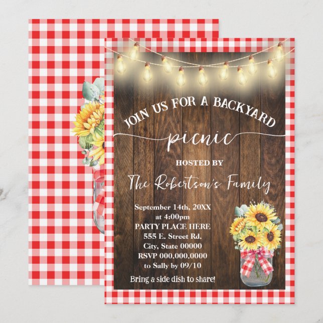 Convite Festa de Piquenique no Quintal com Xadrez Vermelho (Frente/Verso)