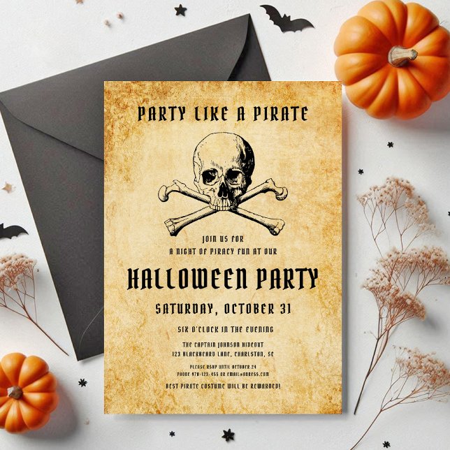 Convite Festa de Pirata Vintage Caveira e Ossos Halloween (Vintage Pirate Party Skull & Bones Halloween Invitation)