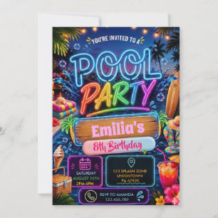 Convite Festa de Piscina Brilho no Escuro Neon Natação Ani