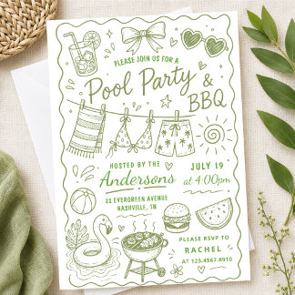 Convite Festa de Piscina com Churrasco de Verão Desenho à