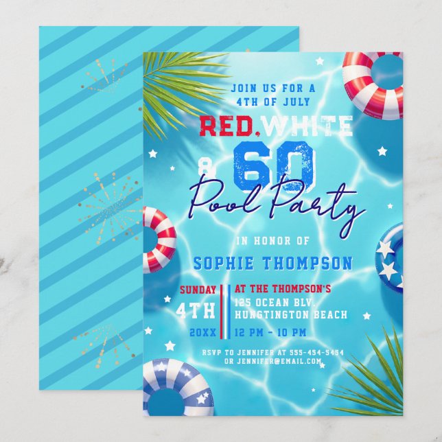 Convite Festa de Piscina de 4 de Julho Mulher Moderna 60º  (Frente/Verso)