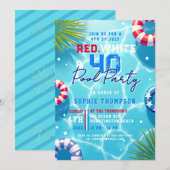 Convite Festa de Piscina de 4 de Julho para Mulher Moderna (Frente/Verso)