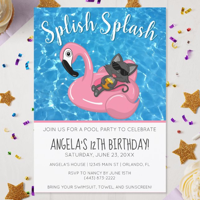 Convite Festa de Piscina de Aniversário de criança Flaming (Cute Cat Flamingo Kids Birthday Pool Party Invitation)