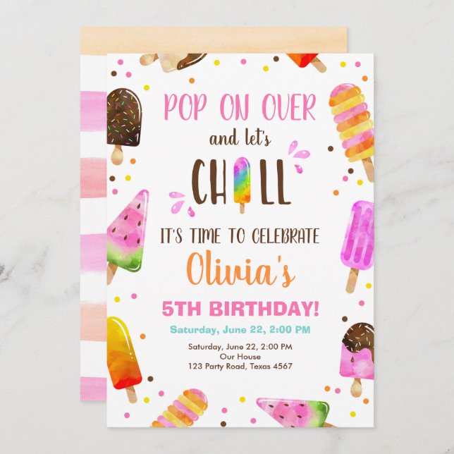 Convite Festa de Piscina de Aniversário de Sorvete de Pico (Frente/Verso)